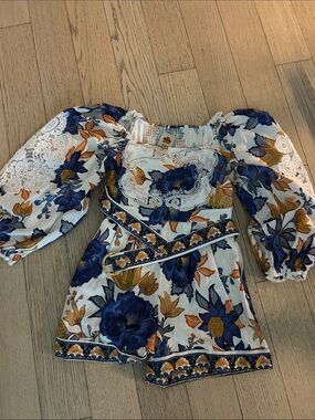 Boho Floral Lace Trim Puff-Sleeve romper - Blue & Mustard